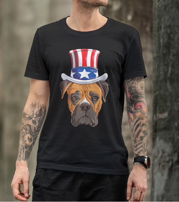 Boxer Dog Uncle Sam Hat 4th Of July USA America Flag T-Shirt