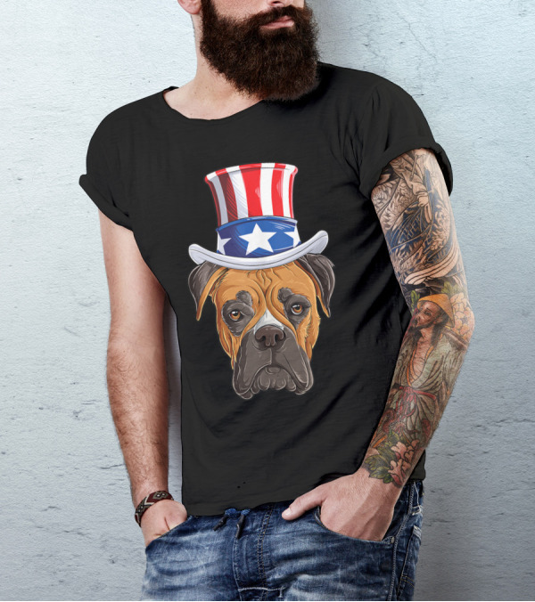 Boxer Dog Uncle Sam Hat 4th Of July USA America Flag T-Shirt