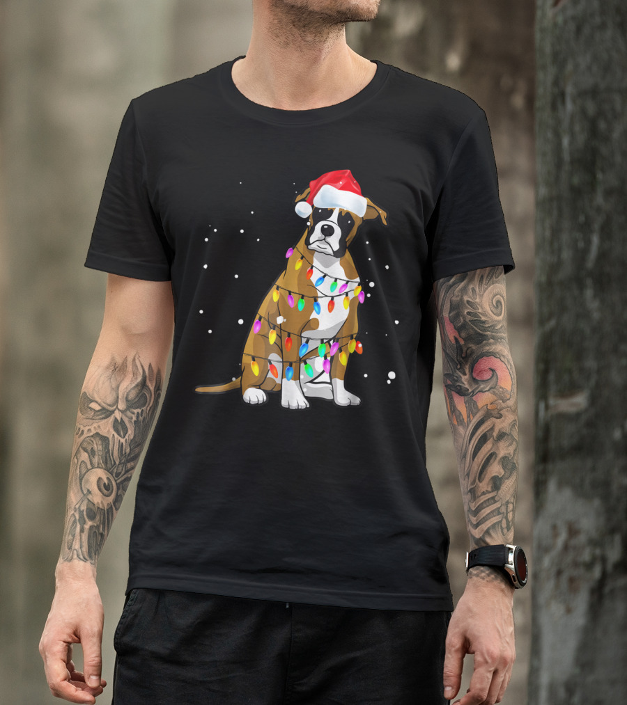 Boxer Dog Wrapped In Christmas Lights Wearing Santa Hat T-Shirt
