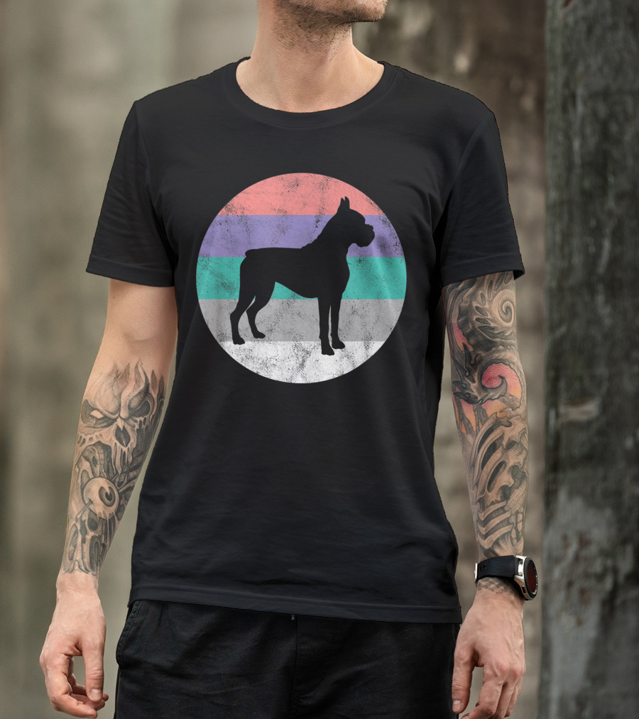 Boxer Dog Silhouette With Striped Circle Retro T-Shirt