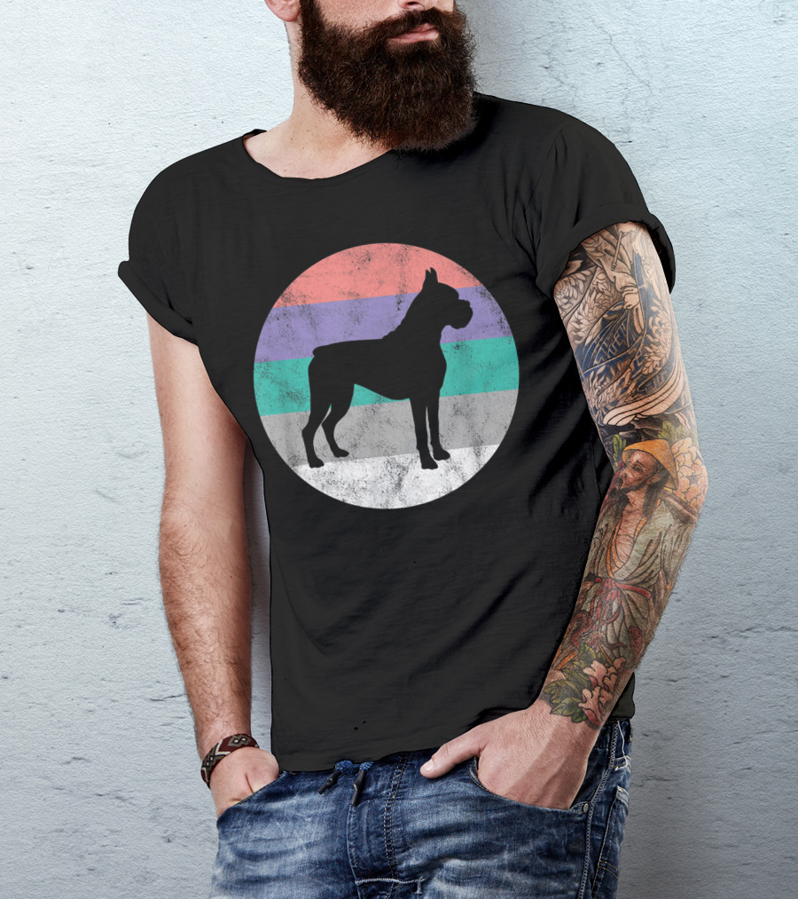 Boxer Dog Silhouette With Striped Circle Retro T-Shirt