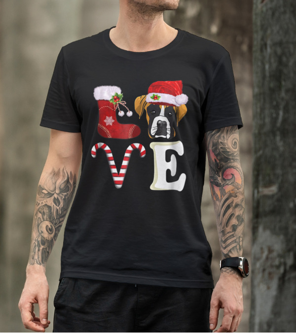 Boxer Dog Love Christmas Light With Santa Hat And Candy Cane T-Shirt