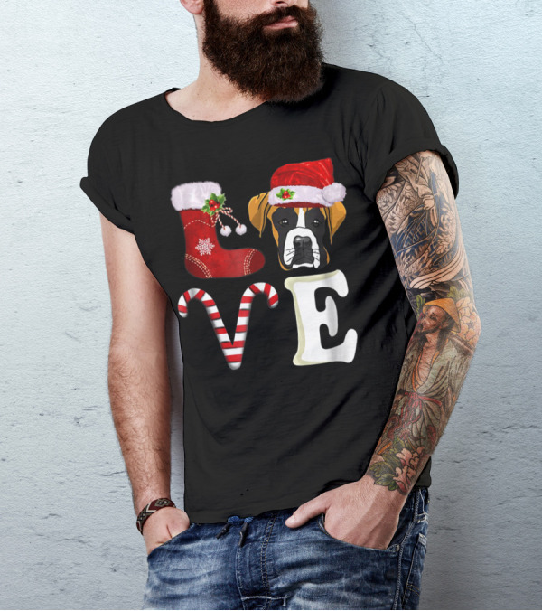 Boxer Dog Love Christmas Light With Santa Hat And Candy Cane T-Shirt