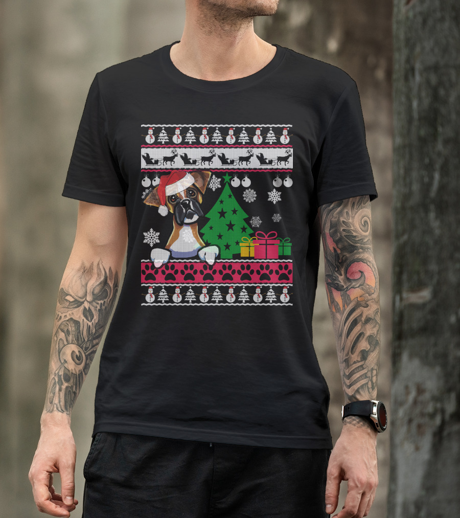 Boxer Dog Santa Hat Ugly Christmas Holiday Tree Gifts Snowflakes Festive T-Shirt