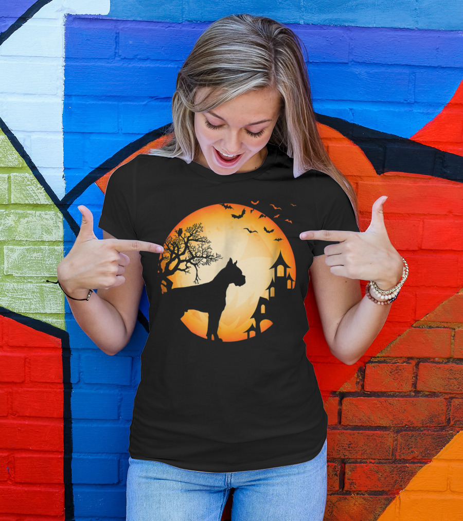 Scary Boxer Dog Halloween Moon With Bats And Haunted House Scene T-Shirt