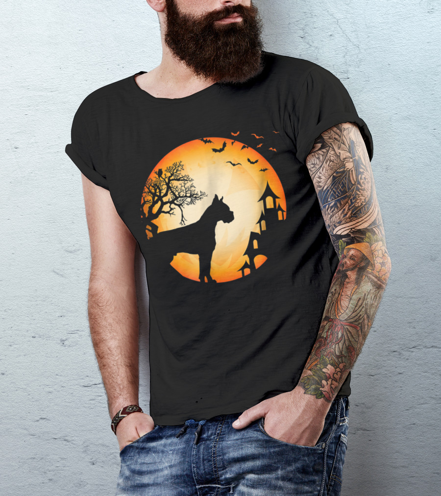 Scary Boxer Dog Halloween Moon With Bats And Haunted House Scene T-Shirt