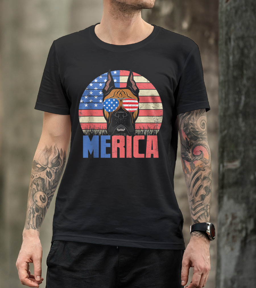 Merica Boxer Dog With USA Flag Sunglasses 4th Of July Puppy T-Shirt