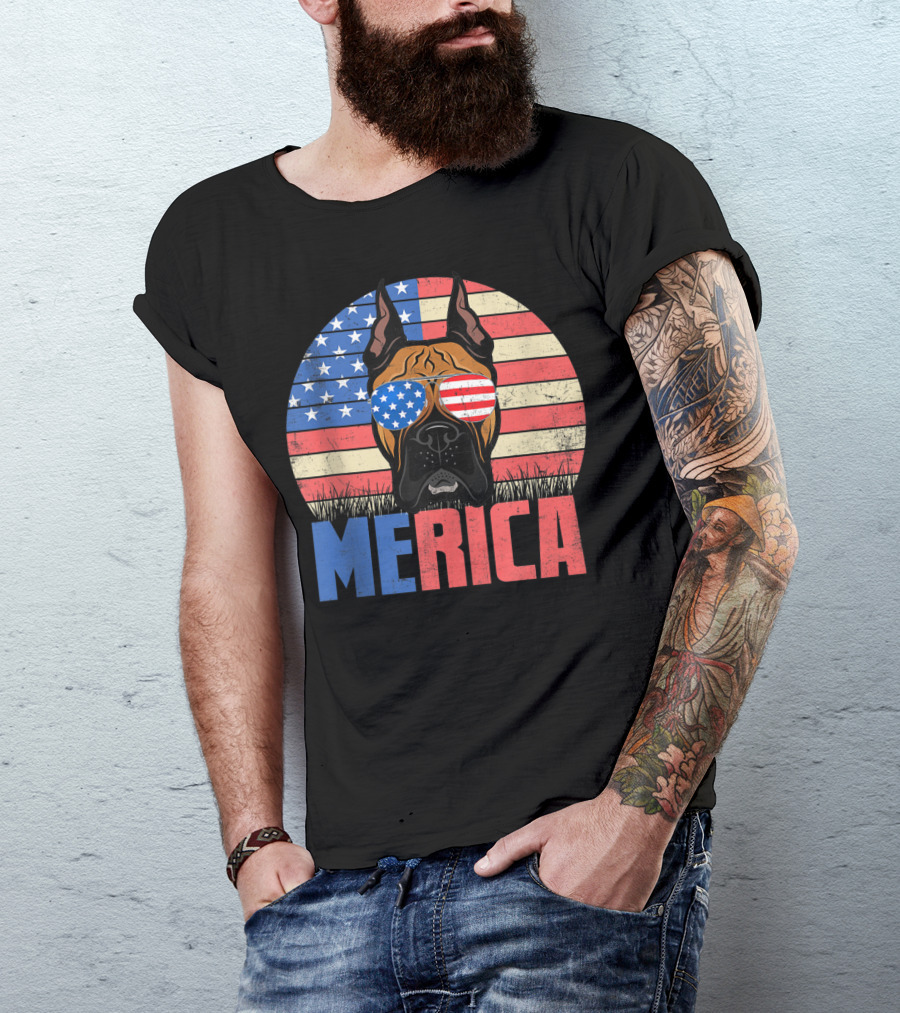 Merica Boxer Dog With USA Flag Sunglasses 4th Of July Puppy T-Shirt