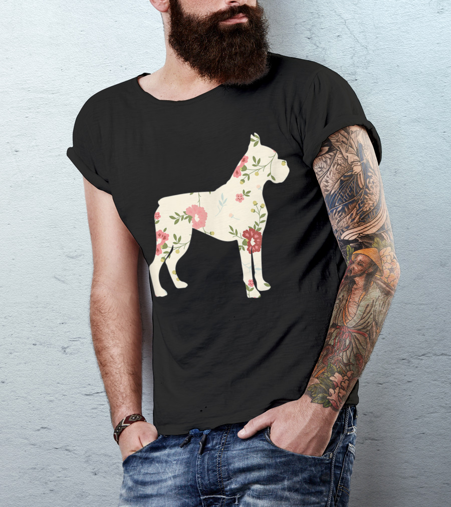 Cute Boxer Vintage Floral Dog Flower T-Shirt