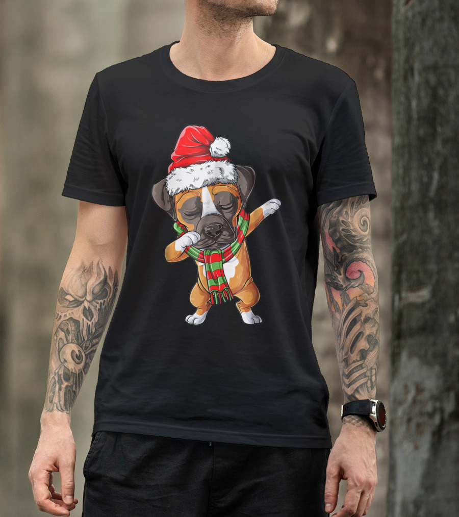 Dabbing Boxer Dog In Santa Hat With Christmas Scarf T-Shirt