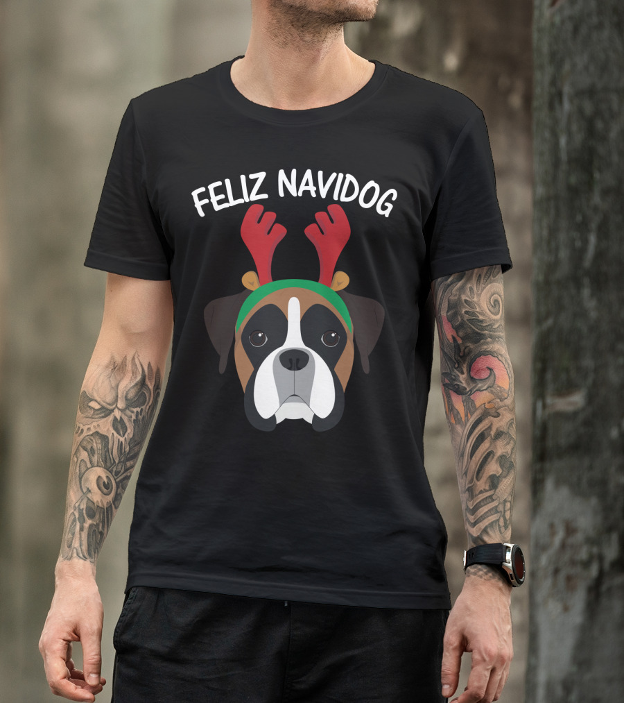 Feliz Navidog Navidad Boxer Dog Reindeer Antlers T-Shirt