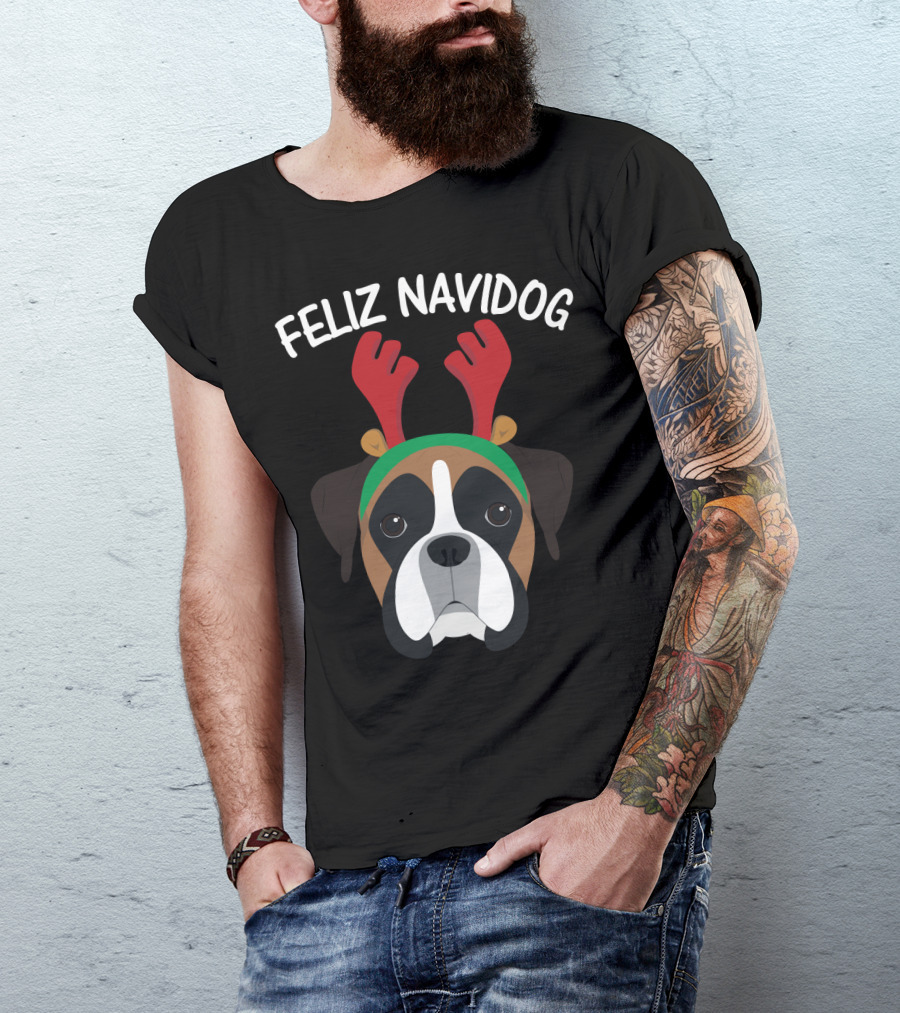 Feliz Navidog Navidad Boxer Dog Reindeer Antlers T-Shirt