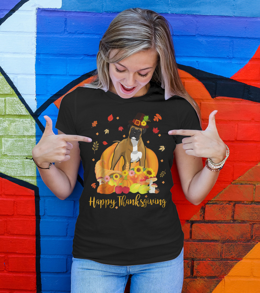 Thanksgiving Boxer Dog With Pilgrim Hat And Harvest Feast T-Shirt