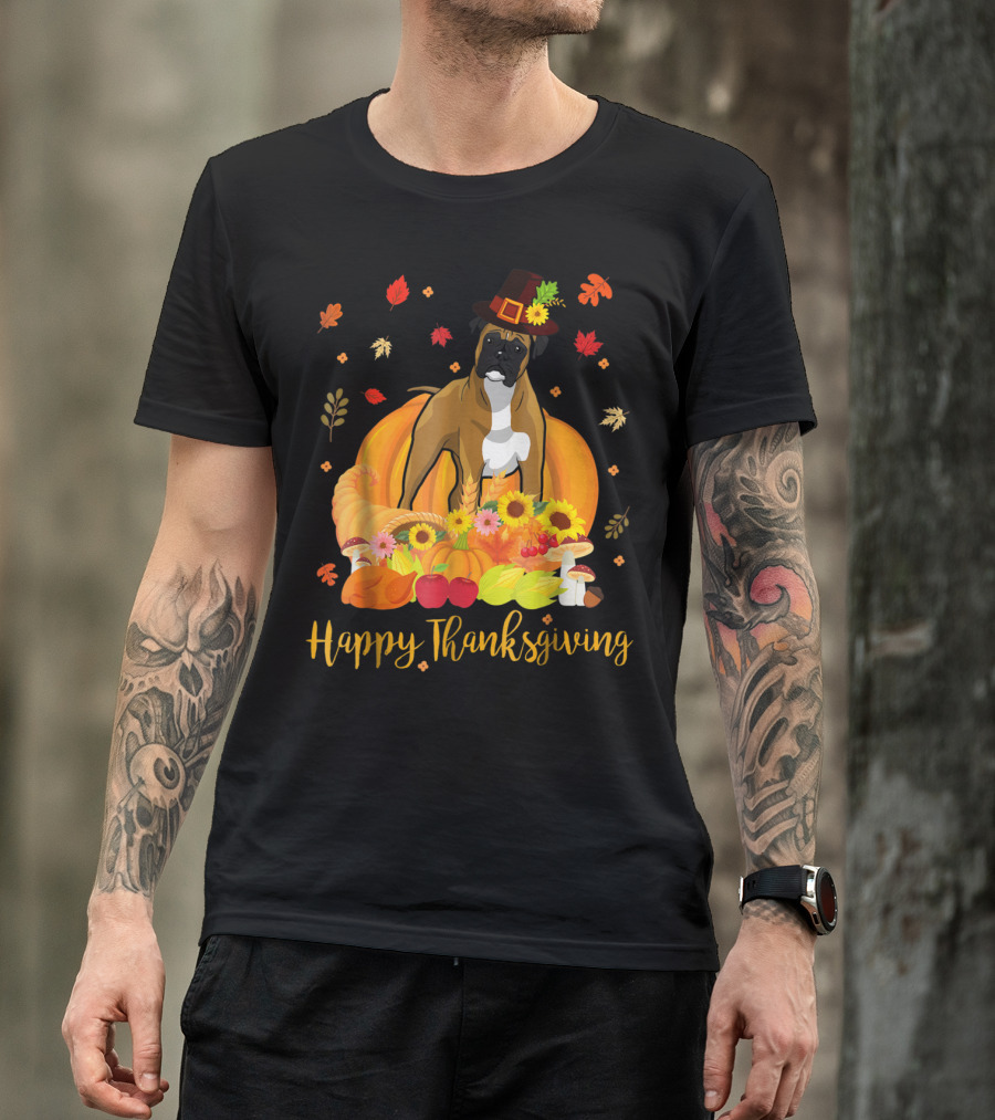 Thanksgiving Boxer Dog With Pilgrim Hat And Harvest Feast T-Shirt