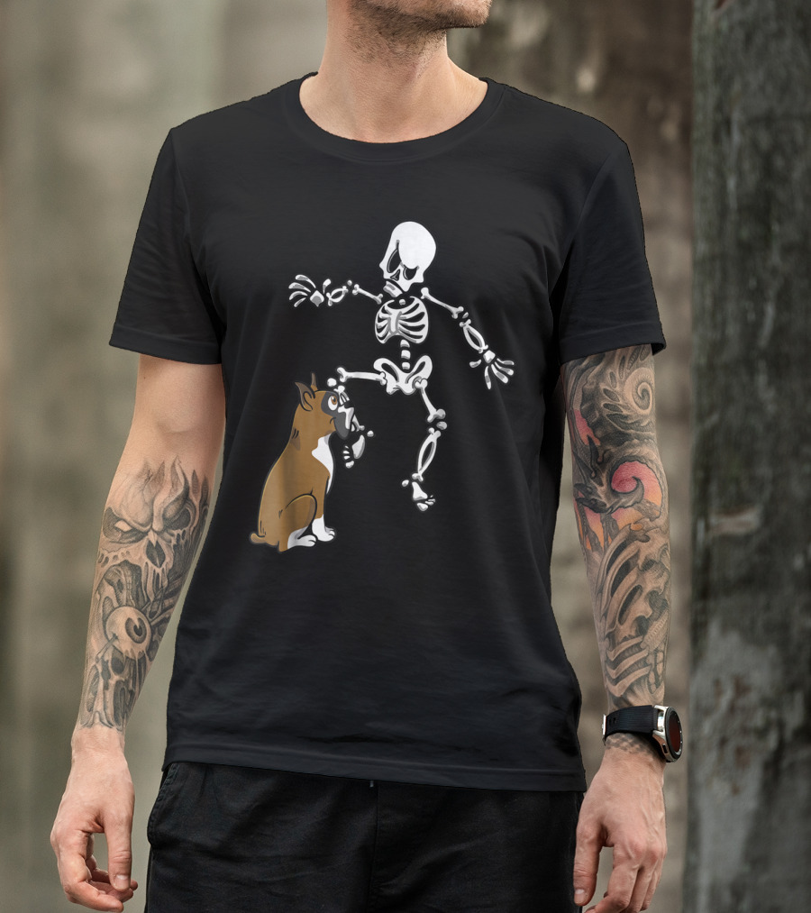 Boxer Dog Biting Skeleton Leg Halloween Dog Skeleton T-Shirt