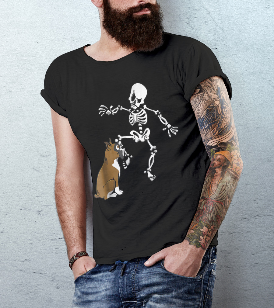Boxer Dog Biting Skeleton Leg Halloween Dog Skeleton T-Shirt