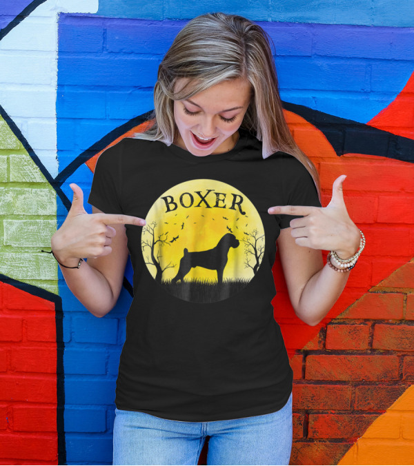 Boxer Dog Full Moon Halloween Bats Trees Vintage T-Shirt