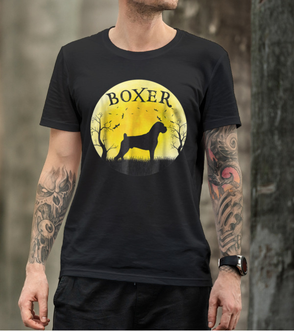 Boxer Dog Full Moon Halloween Bats Trees Vintage T-Shirt
