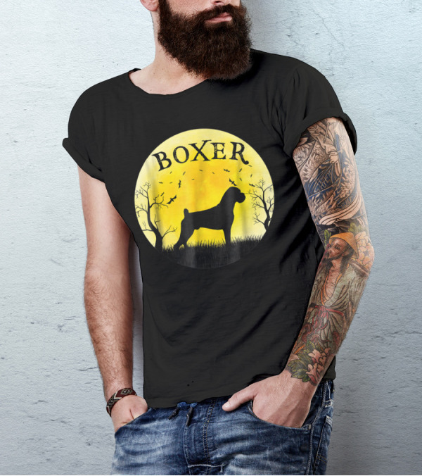 Boxer Dog Full Moon Halloween Bats Trees Vintage T-Shirt