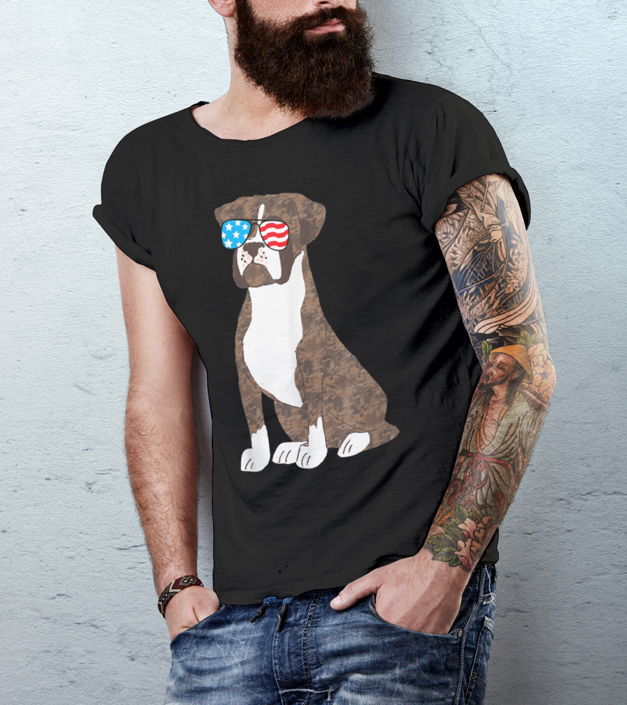 Patriotic Boxer Dog USA Flag Sunglasses Memorial Day T-Shirt