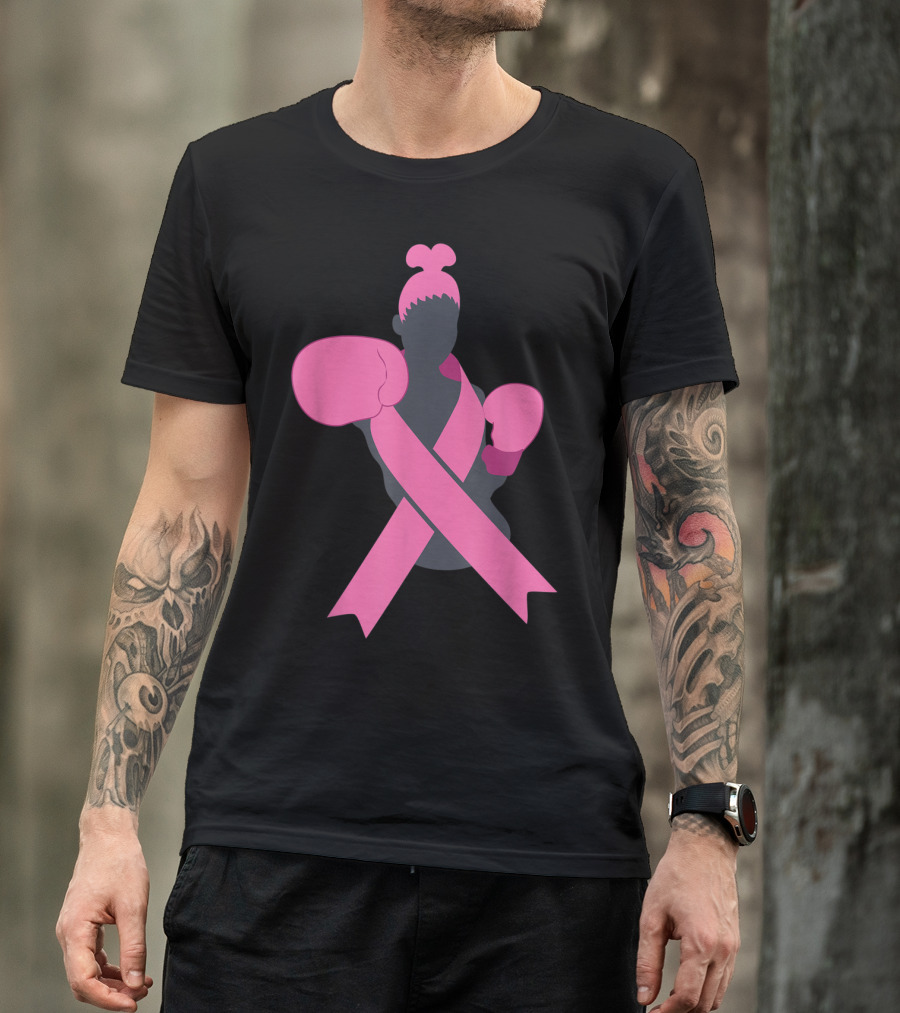 Boxer Supporting Breast Cancer Awareness With Pink Ribbon Boxing Gloves T-Shirt