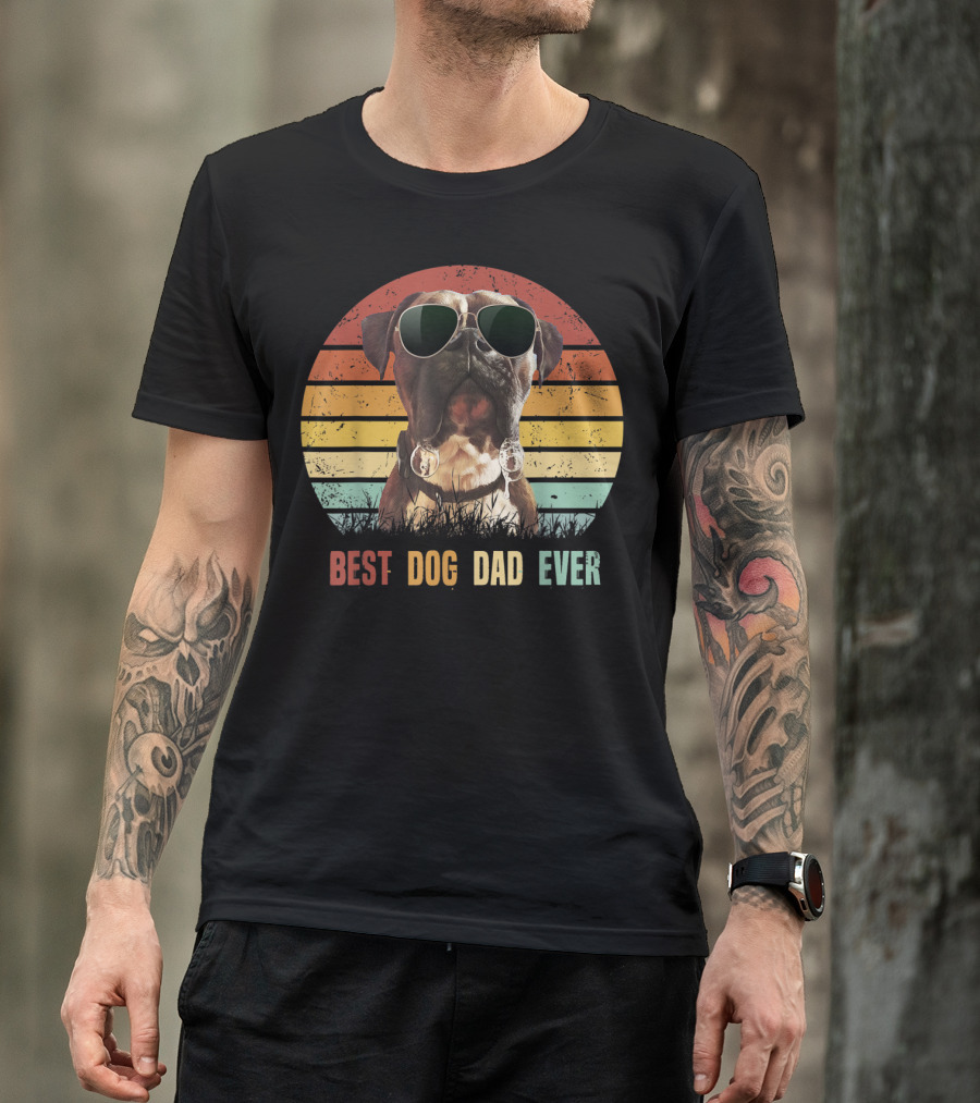 Mens Vintage Best Dog Dad Ever Boxer Dog Sunglasses Retro Sunburst T-Shirt