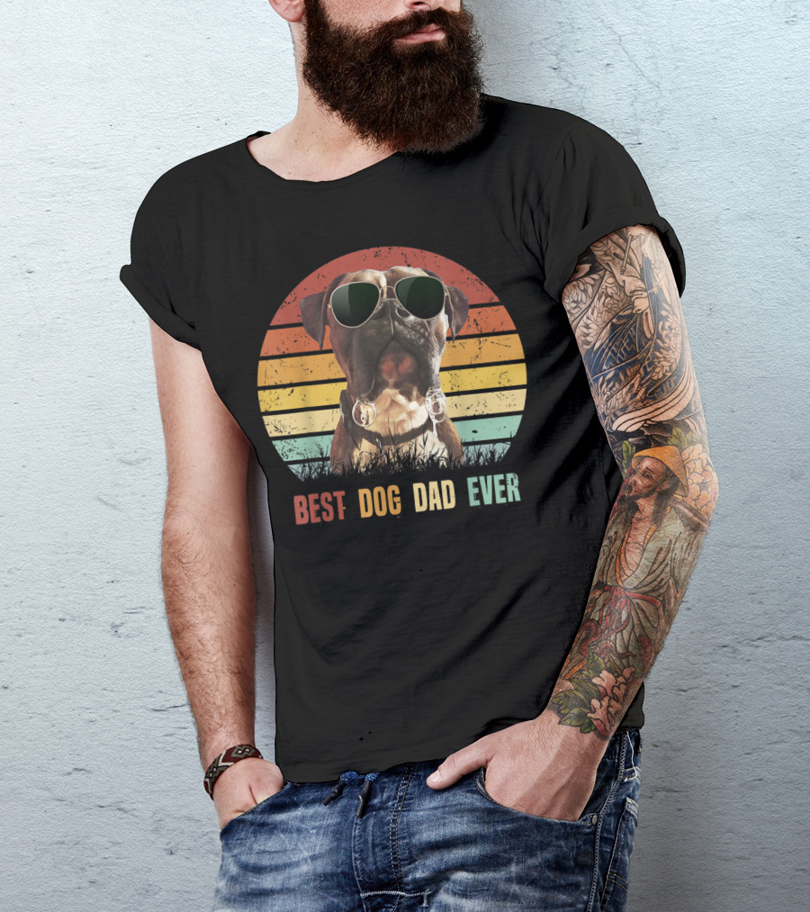 Mens Vintage Best Dog Dad Ever Boxer Dog Sunglasses Retro Sunburst T-Shirt