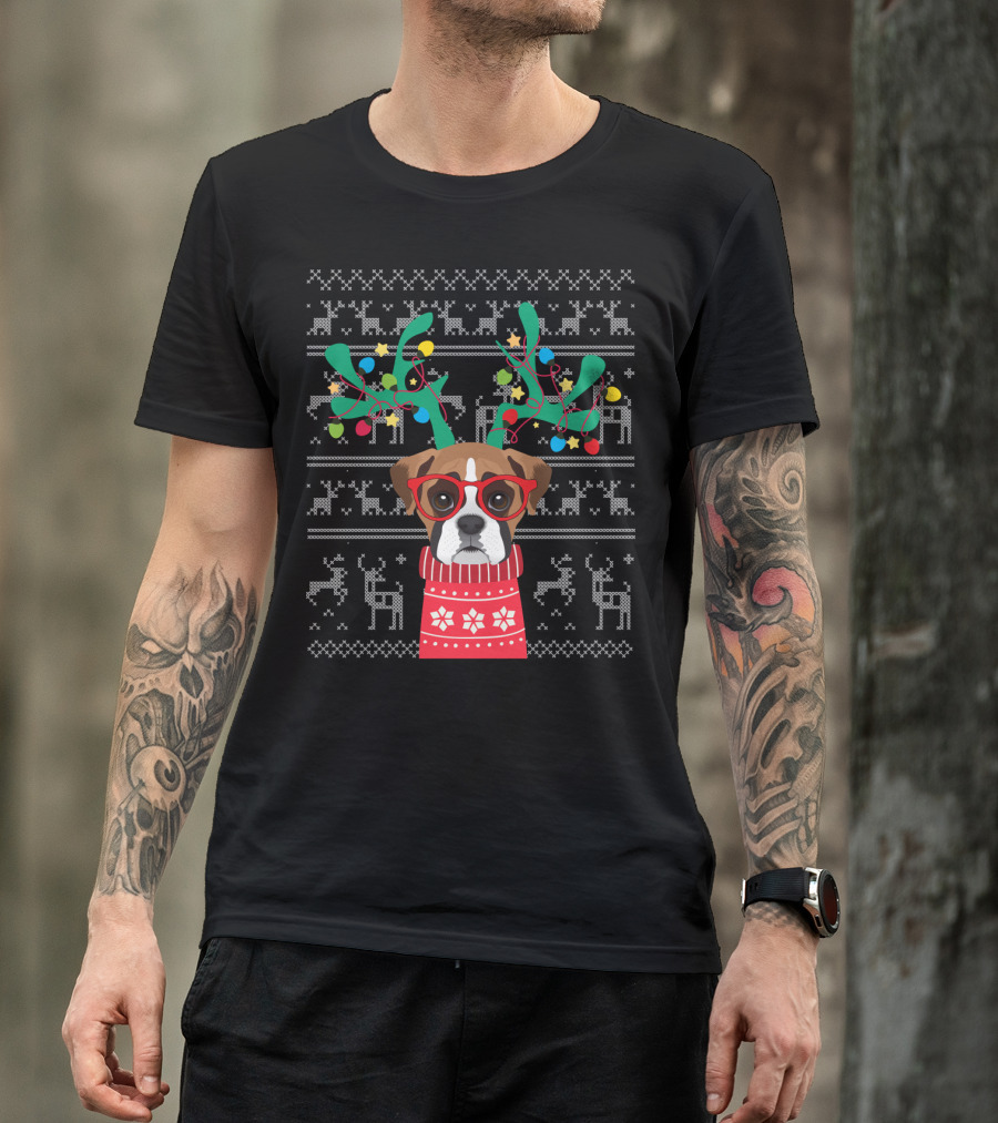 Swea Xmas Boxer Dog Reindeer Antlers Holiday Lights Ugly Christmas T-Shirt