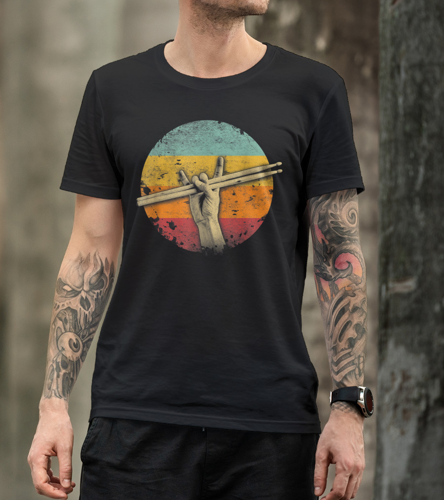 Rock Drummer Hand Sign Drumsticks Percussion Lover Retro Circle T-Shirt