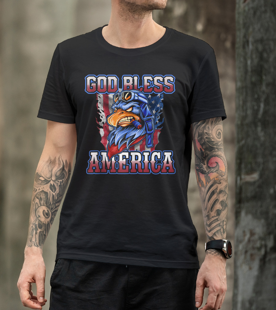 God Bless America Patriotic Eagle With American Flag Helmet And Goggles T-Shirt