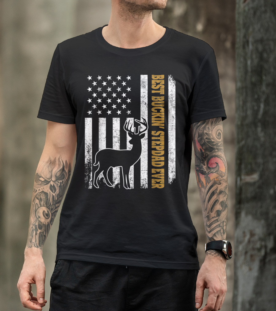 American Flag Best Buckin Stepdad Ever Deer T-Shirt