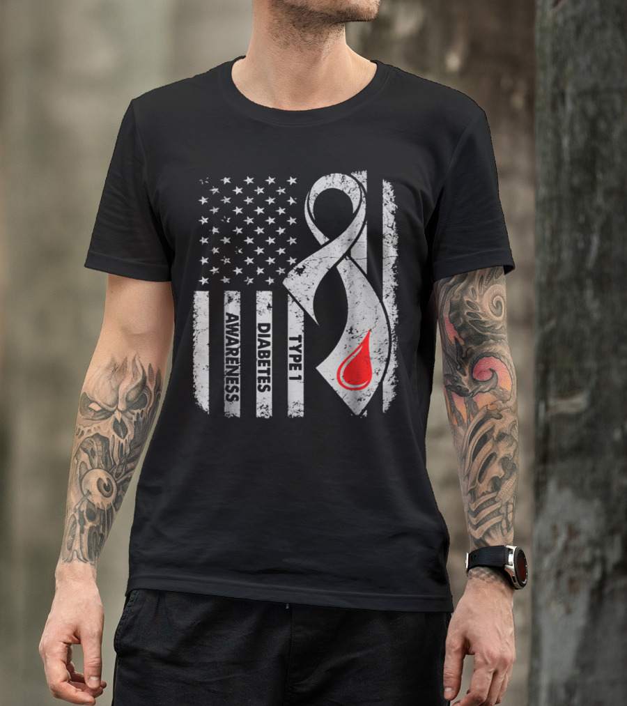 American Flag Type 1 Diabetes Awareness Ribbon With Blood Drop T-Shirt