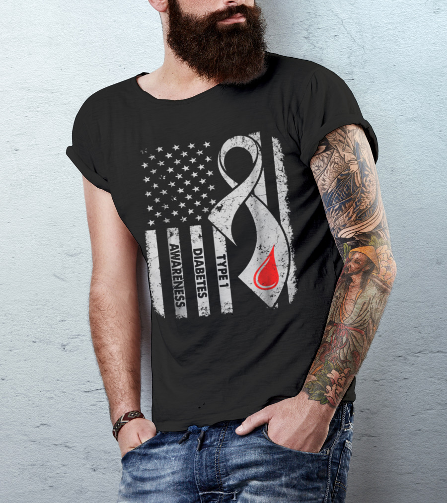 American Flag Type 1 Diabetes Awareness Ribbon With Blood Drop T-Shirt
