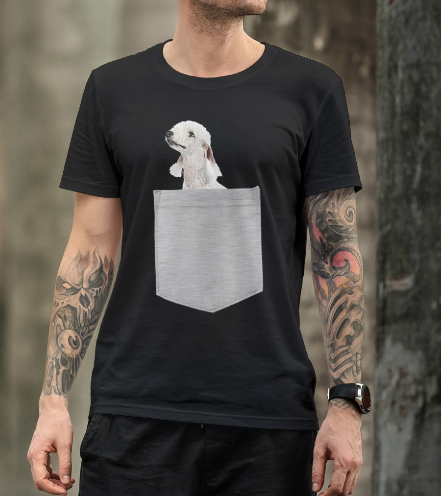 Bedlington Terrier Peeking From Gray Pocket T-Shirt