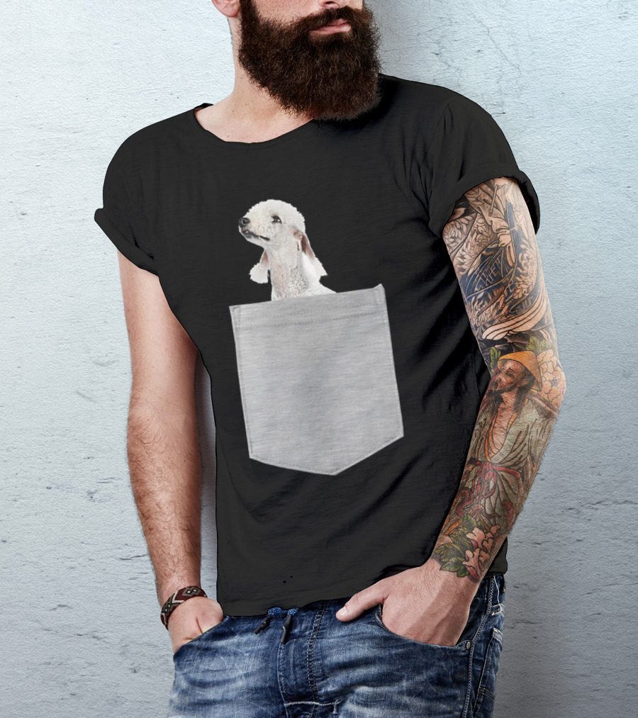 Bedlington Terrier Peeking From Gray Pocket T-Shirt