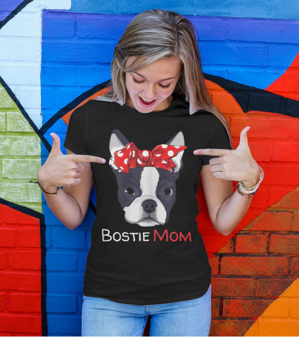 Bostie Mom Boston Terrier With Red Polka Dot Bow T-Shirt