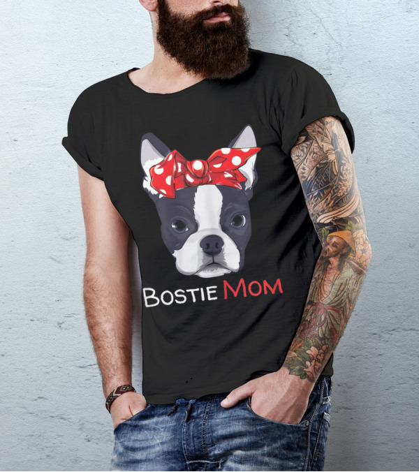 Bostie Mom Boston Terrier With Red Polka Dot Bow T-Shirt