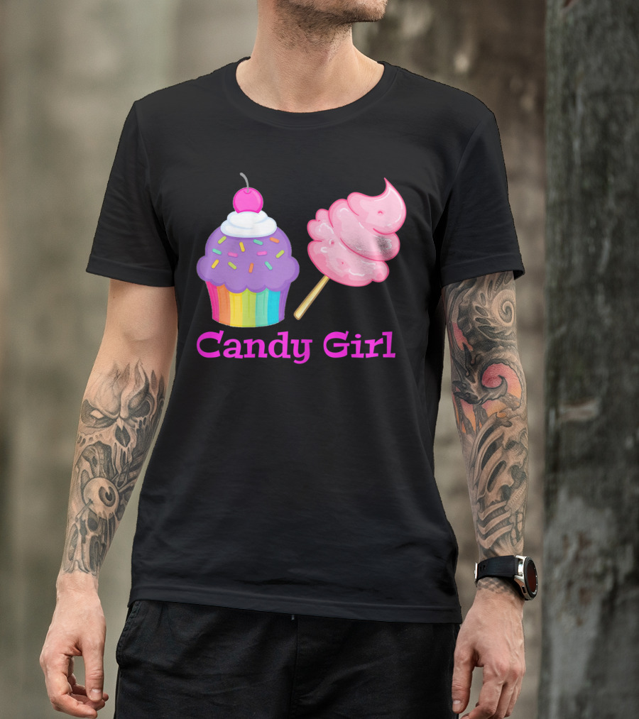 Candy Girl Cupcake And Cotton Candy Rainbow Sprinkles Cherry Top And Pink Swirl T-Shirt