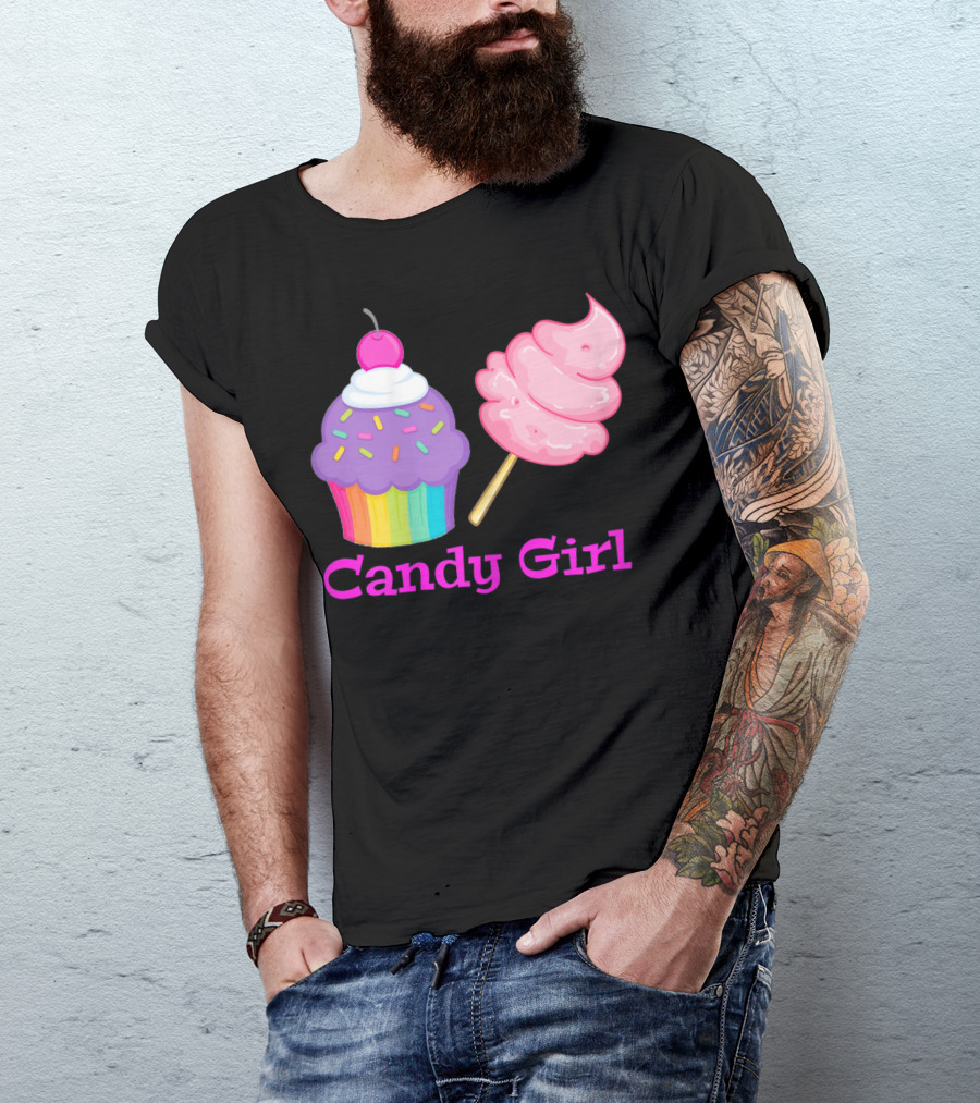 Candy Girl Cupcake And Cotton Candy Rainbow Sprinkles Cherry Top And Pink Swirl T-Shirt