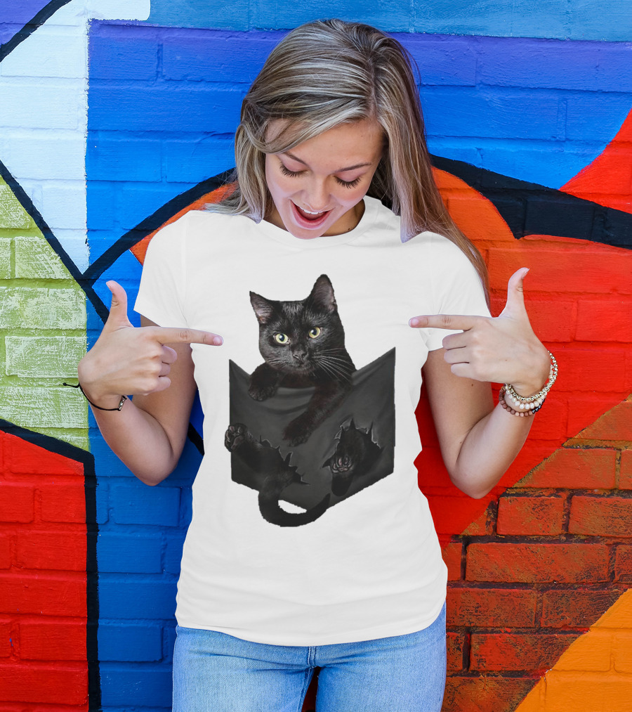 Cat In Pocket Black Cat Inside Pocket Bac Playful T-Shirt