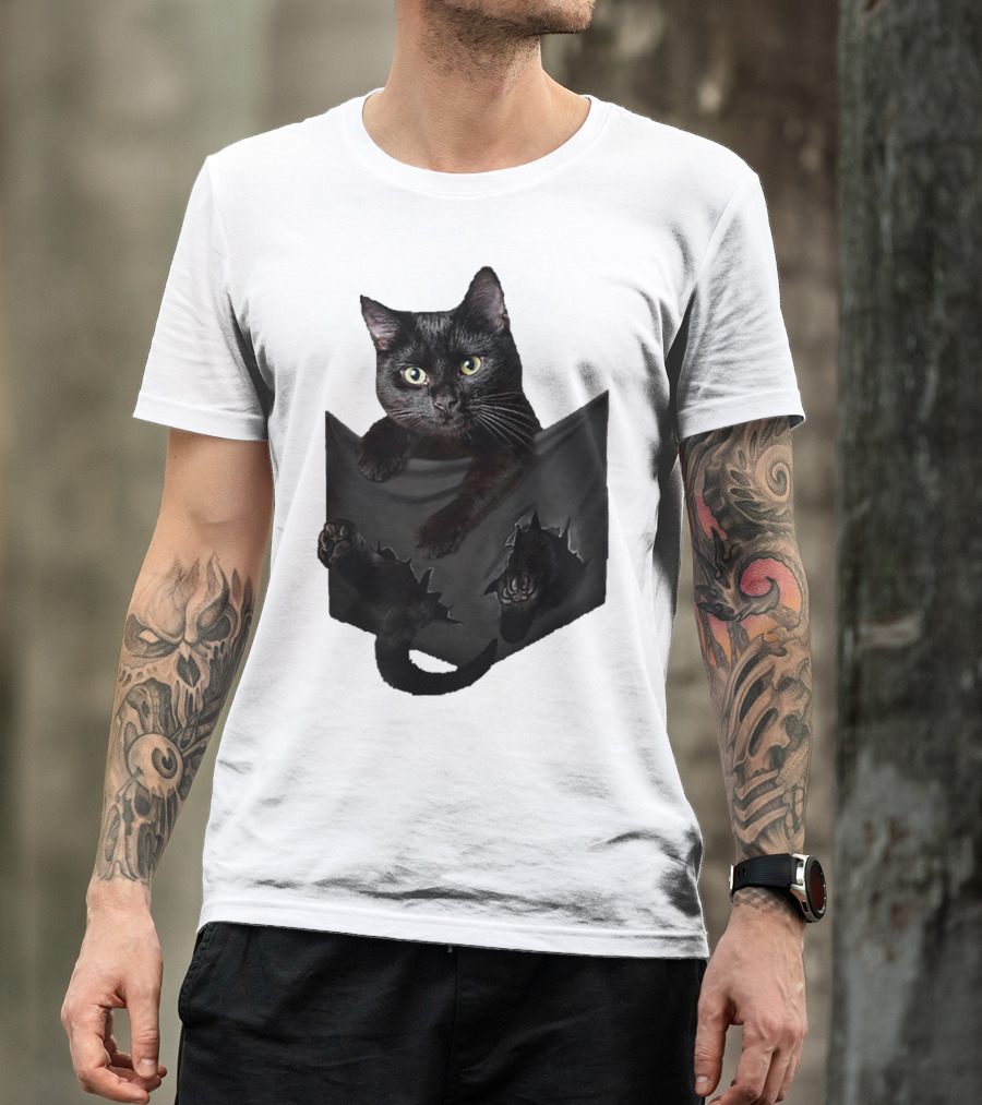 Cat In Pocket Black Cat Inside Pocket Bac Playful T-Shirt
