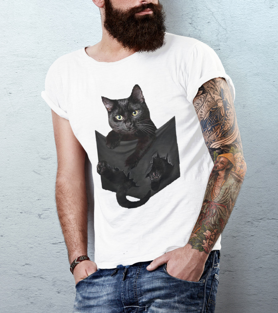 Cat In Pocket Black Cat Inside Pocket Bac Playful T-Shirt