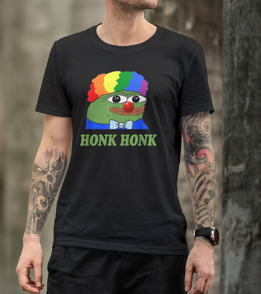 Clown Pepe Honk Honk HONKLER Meme Rainbow Wig Red Nose Bowtie T-Shirt