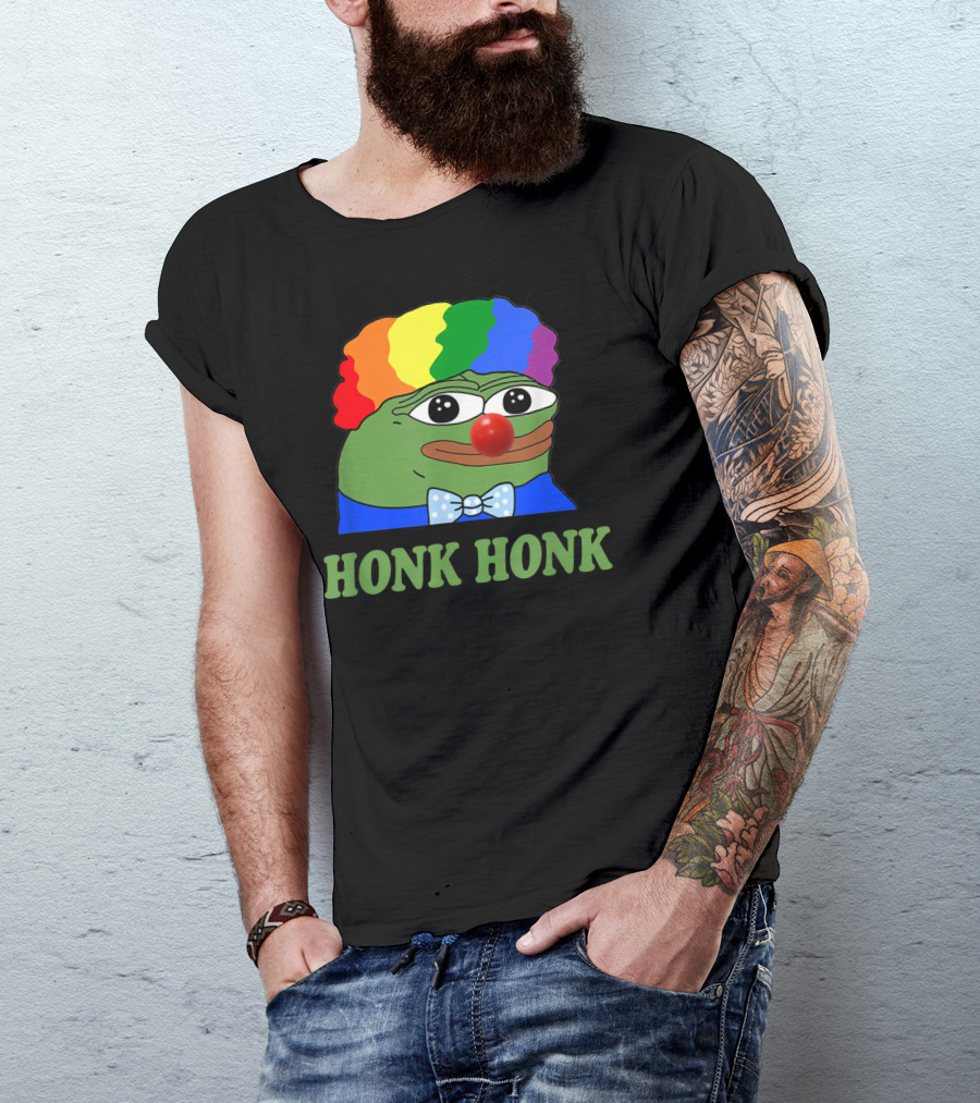 Clown Pepe Honk Honk HONKLER Meme Rainbow Wig Red Nose Bowtie T-Shirt