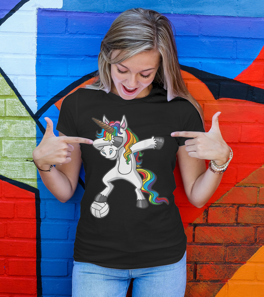 Dabbing Unicorn With Volleyball And Rainbow Mane T-Shirt