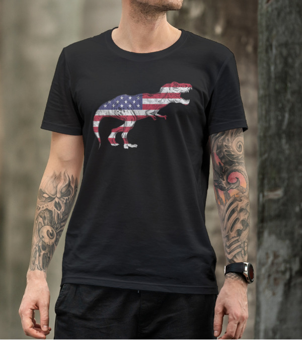 Dino USA American Flag Tyrannosaurus Patriotic Dinosaur T-Shirt