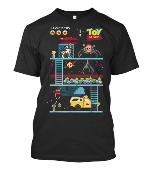 Toy Story 8 Bit Video Game Scene With Retro Pixel Art Adventure T-Shirt