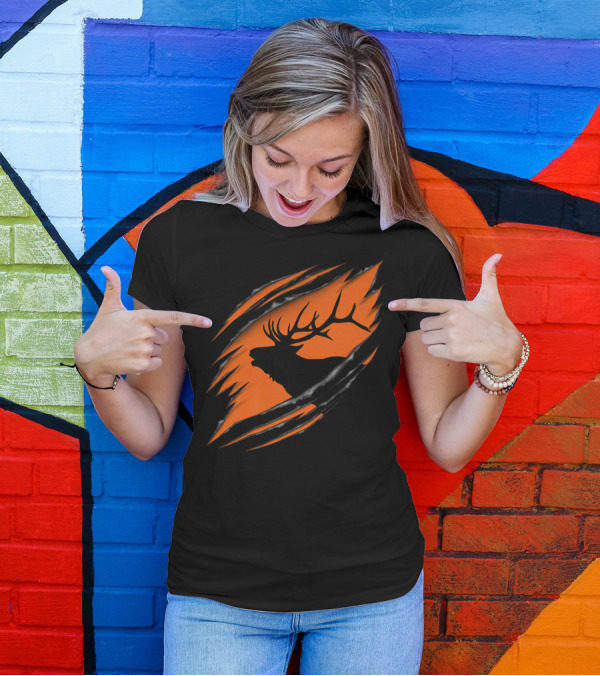 Elk Hunting Silhouette With Tear Marks On Orange T-Shirt