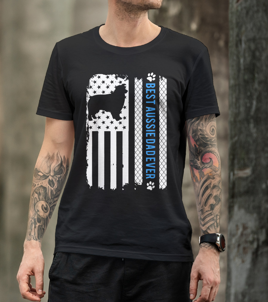 Best Aussie Dad Ever American Flag Dog Silhouette And Paw Prints T-Shirt