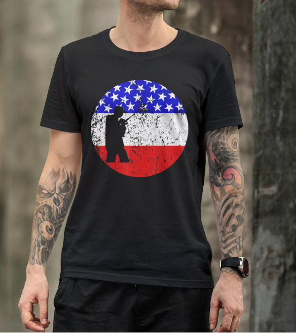 American Flag Vintage Fisherman Silhouette Rustic Retro Fishing T-Shirt